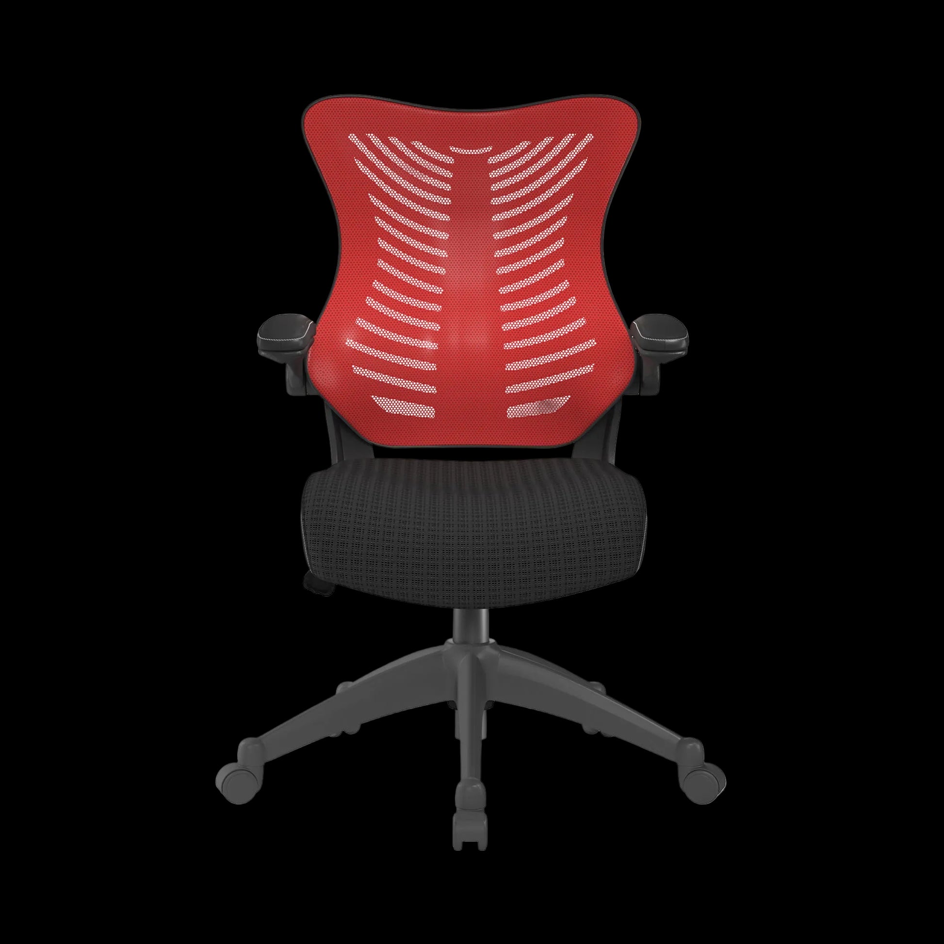Red office chair with black mesh seat on a black background