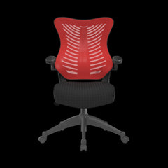 Red office chair with black mesh seat on a black background
