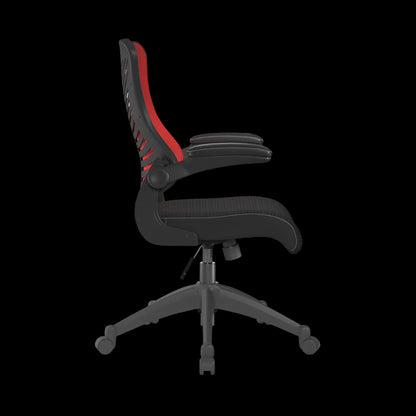 Black office chair with red accents on a black background