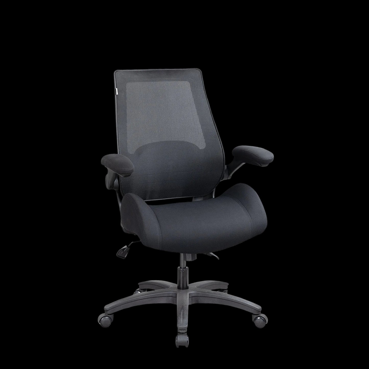 Black office chair with mesh backrest on a white background