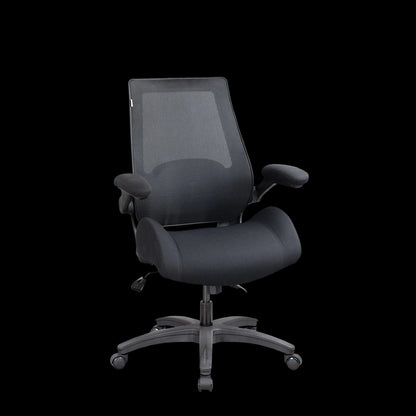 Black office chair with mesh backrest on a white background