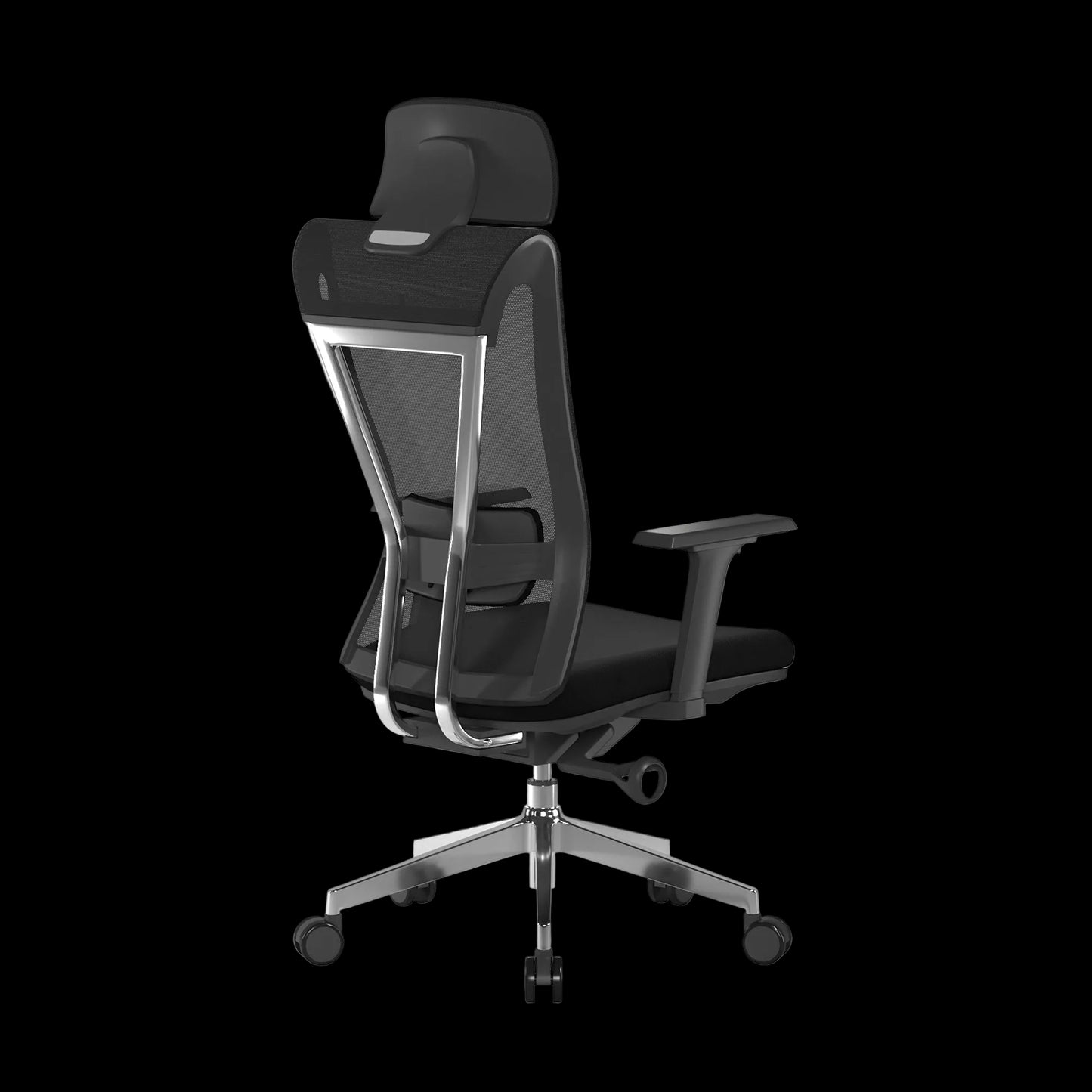 Black office chair with mesh backrest on a white background
