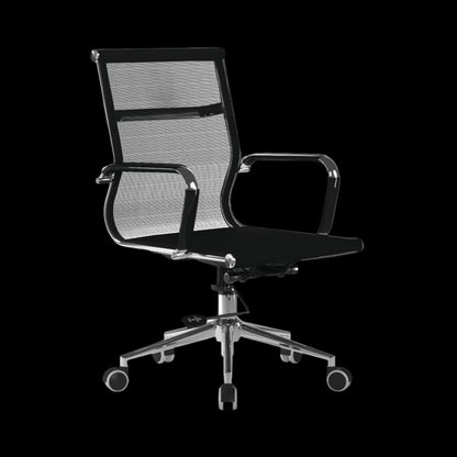 Black office chair with mesh backrest on a black background