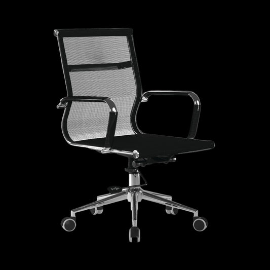 Black office chair with mesh backrest on a black background