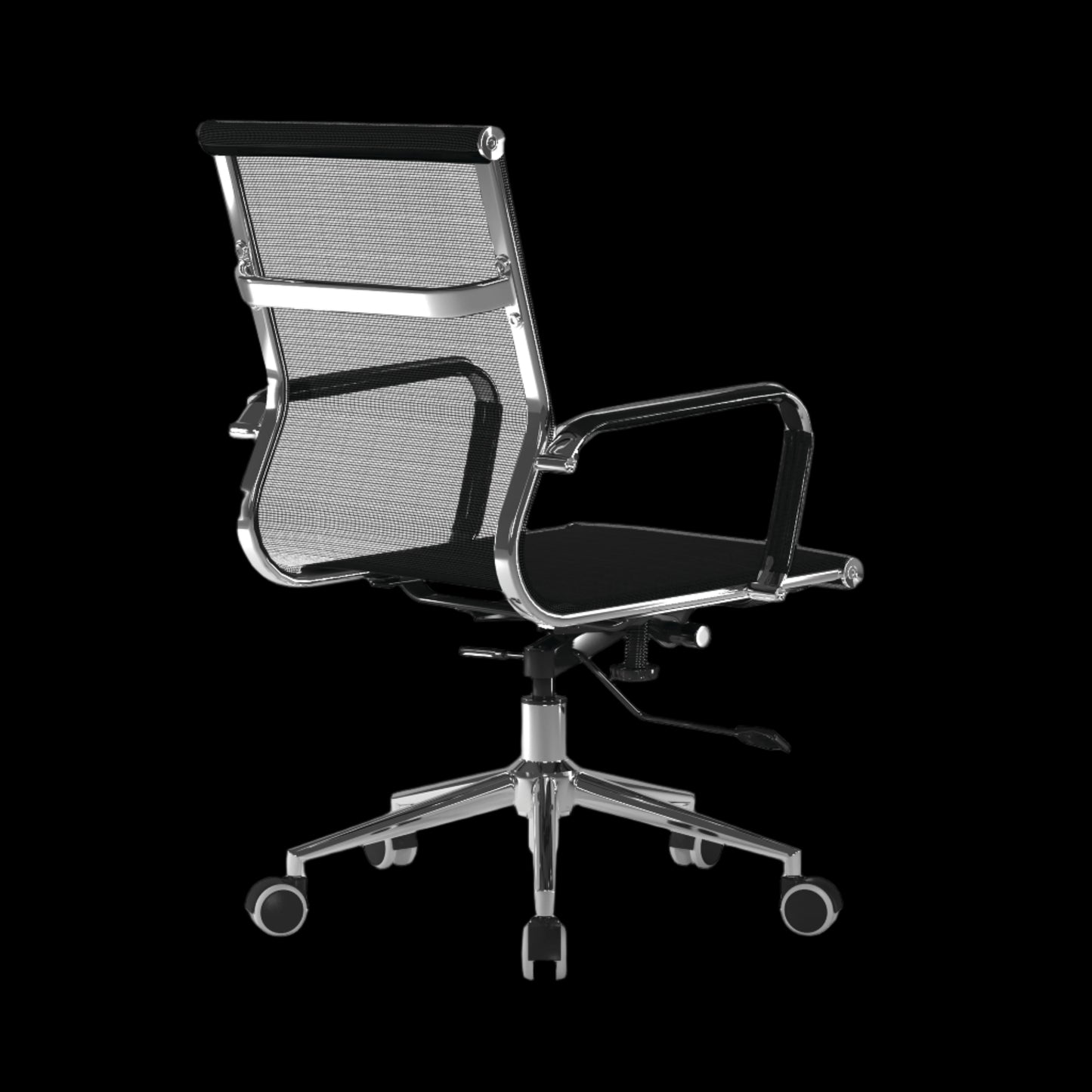 Black office chair with mesh backrest on a black background