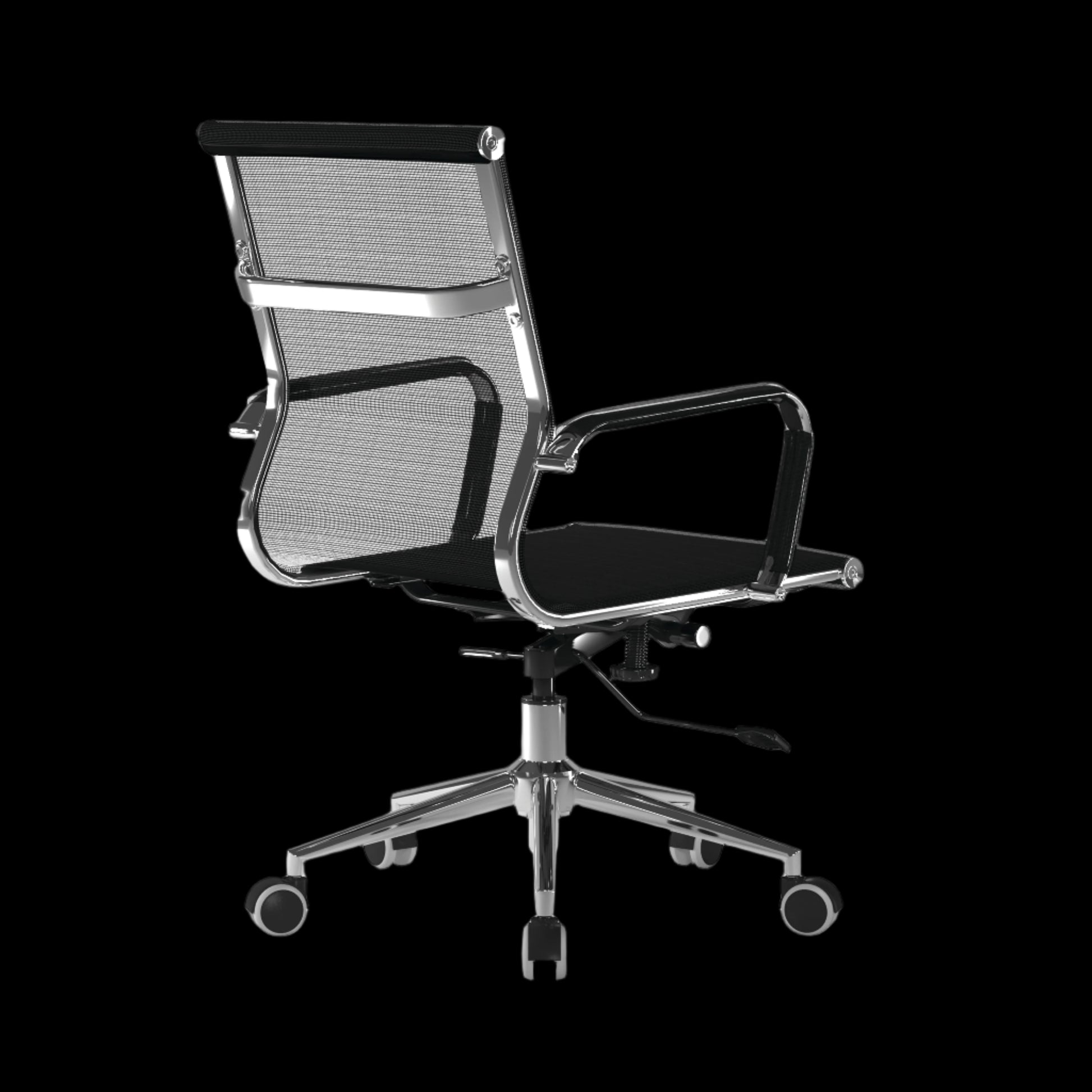Black office chair with mesh backrest on a black background