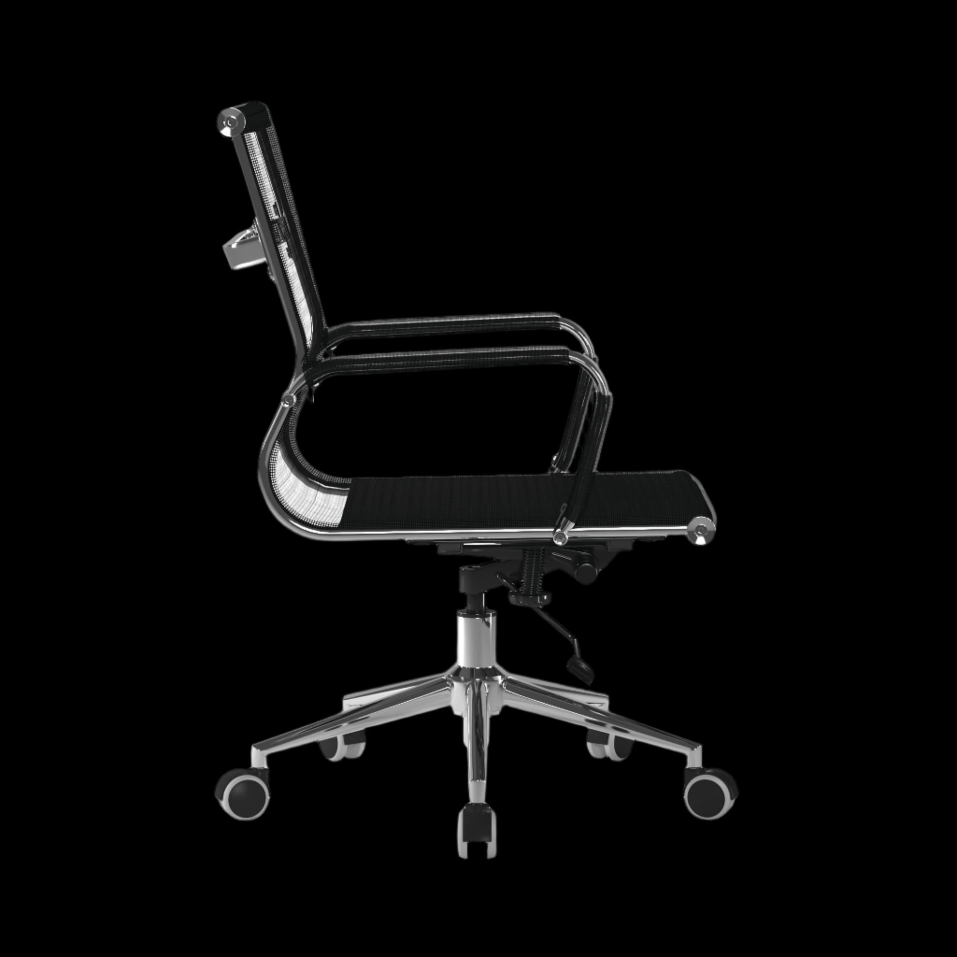 Black office chair with chrome frame on a black background