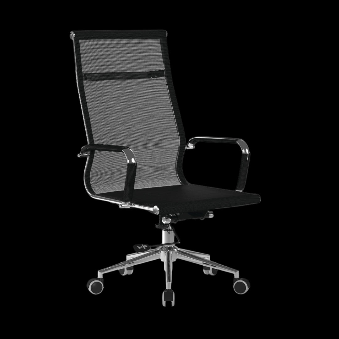 Black office chair with mesh backrest on a black background