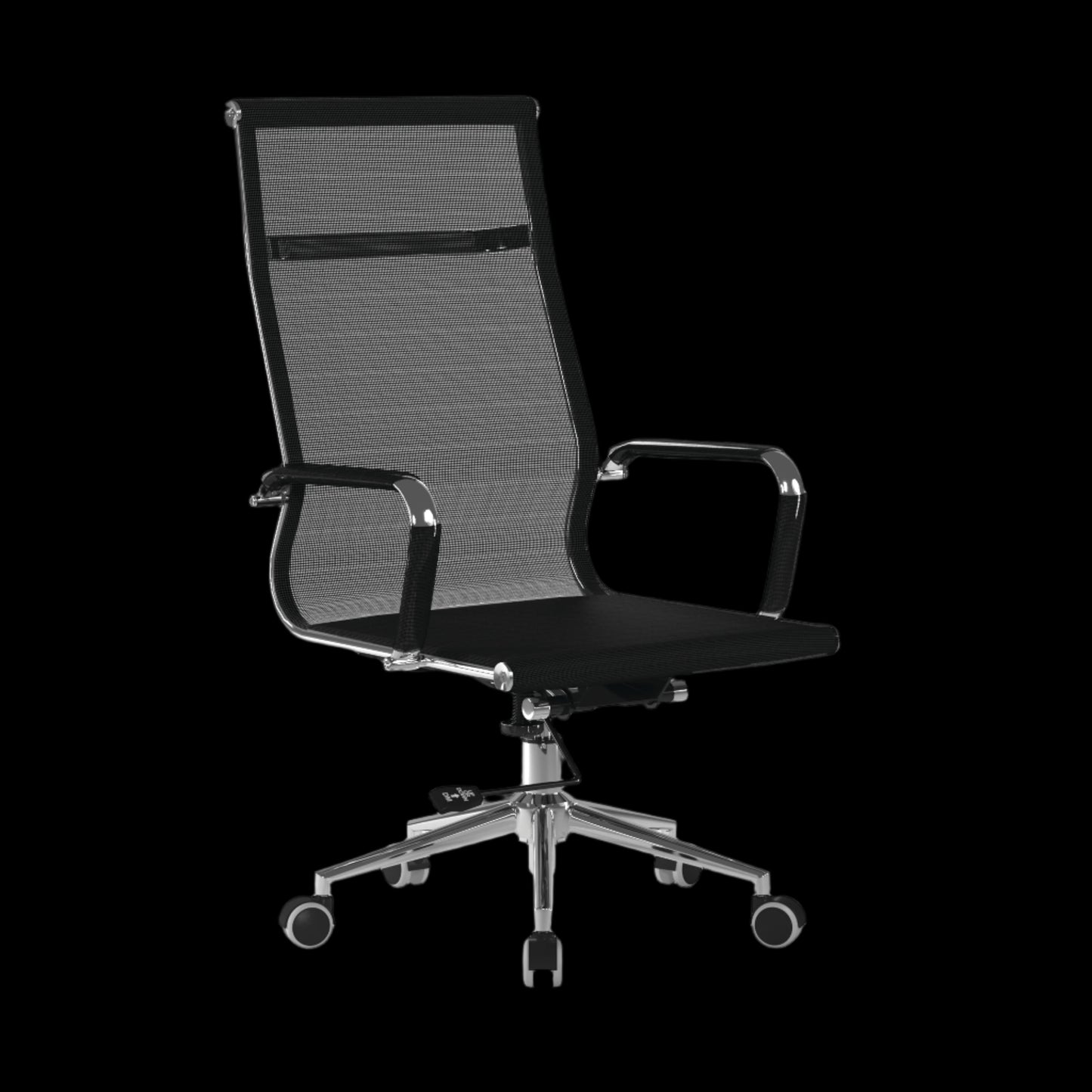 Black office chair with mesh backrest on a black background