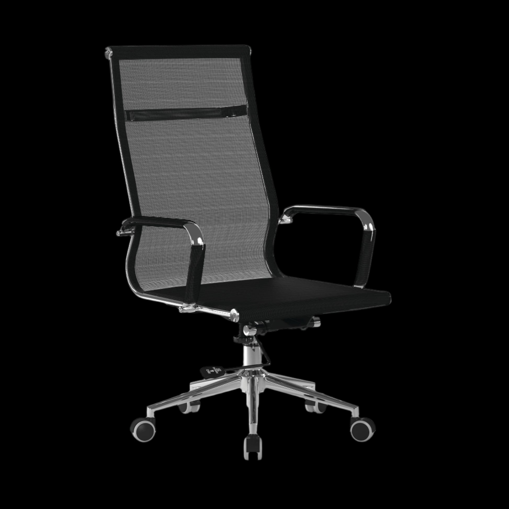 Black office chair with mesh backrest on a black background