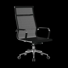 Black office chair with mesh backrest on a black background