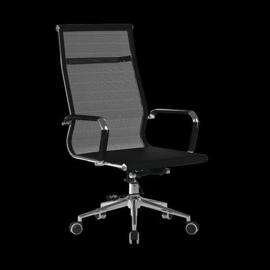 Black office chair with mesh backrest on a black background
