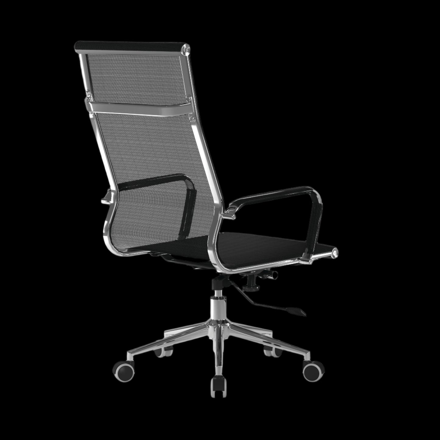 Black office chair with mesh backrest on a black background