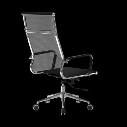 Black office chair with mesh backrest on a black background