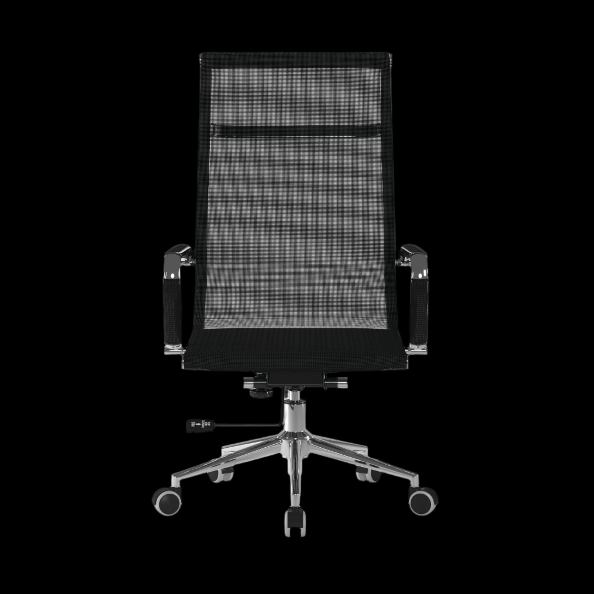 Black office chair with mesh backrest on a black background