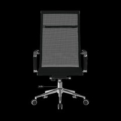 Black office chair with mesh backrest on a black background