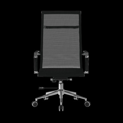 Black office chair with mesh backrest on a black background