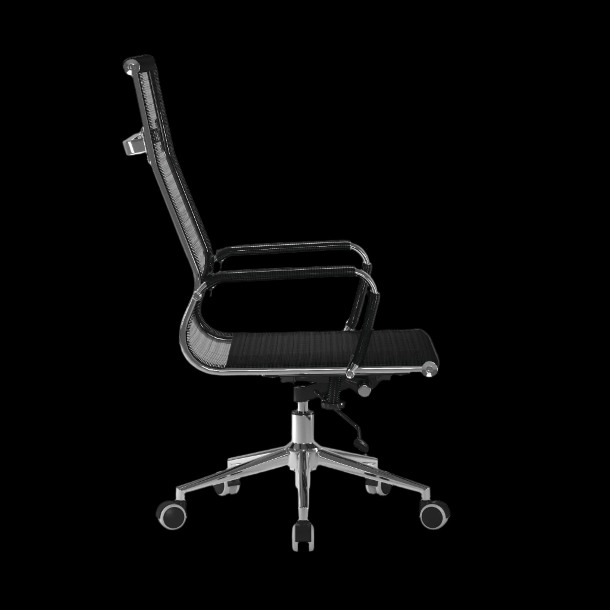 Black office chair with mesh backrest on a black background