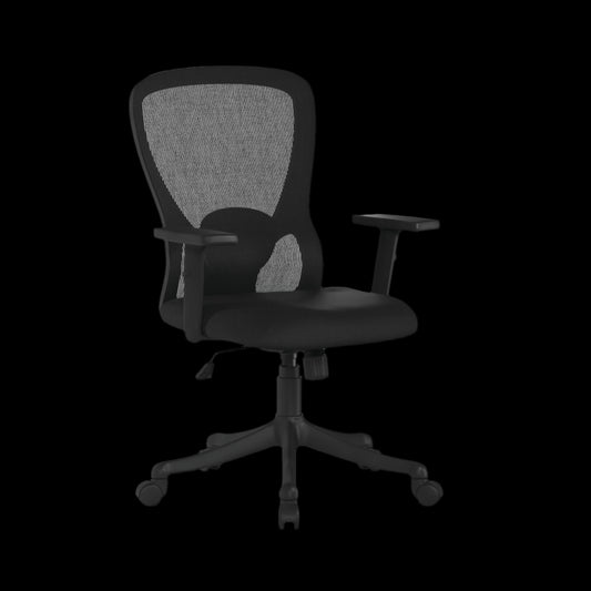 Black office chair with mesh back on a black background