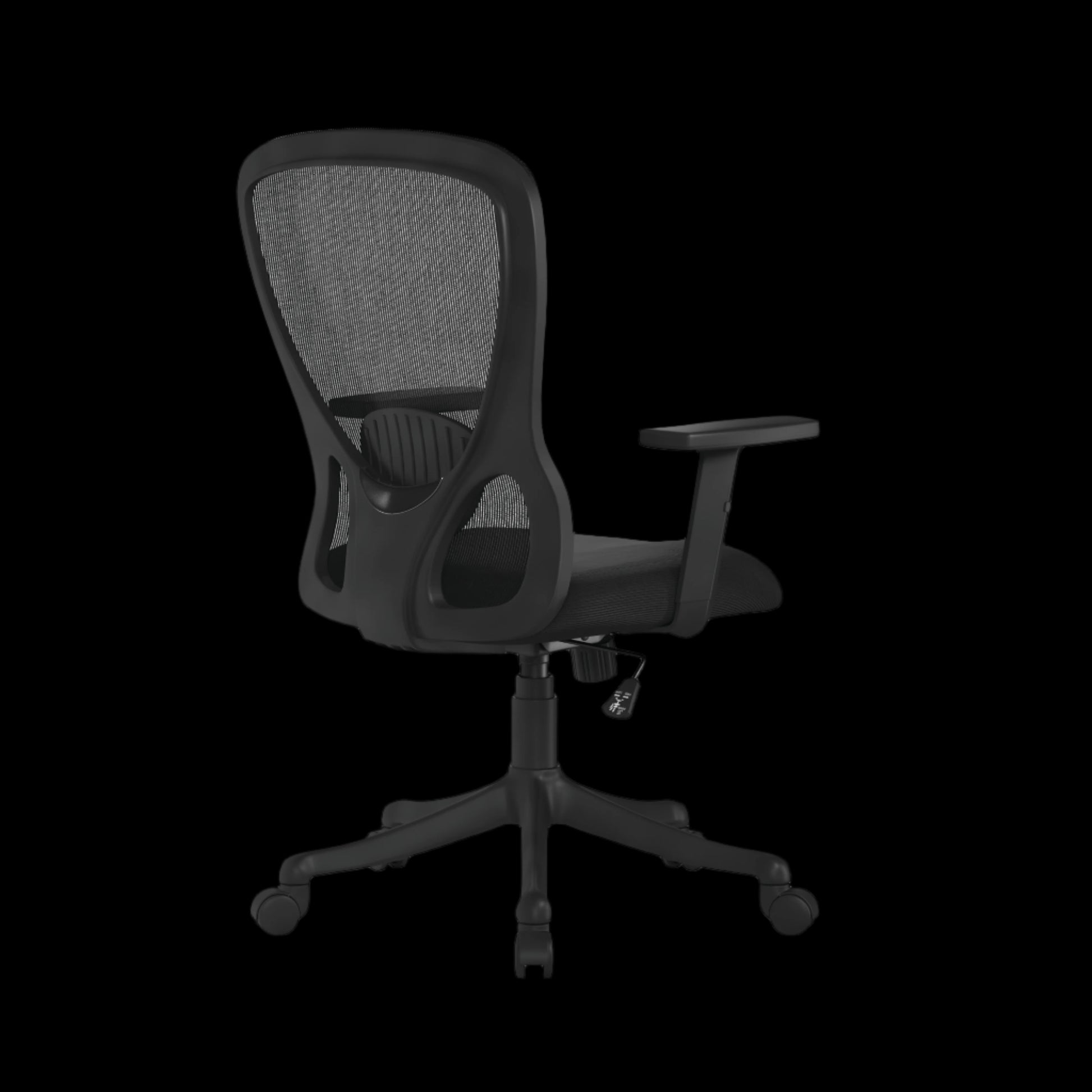Black office chair with mesh backrest on a black background