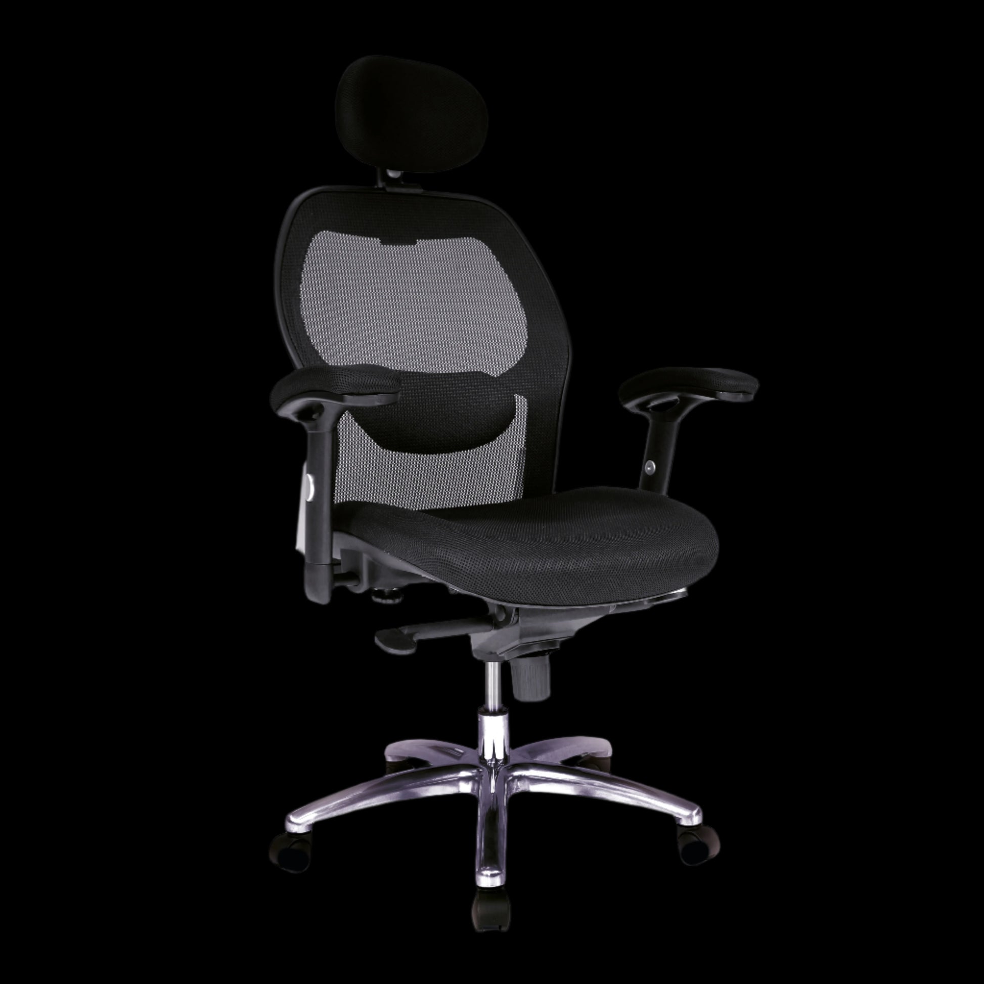 Black office chair with mesh backrest on a black background