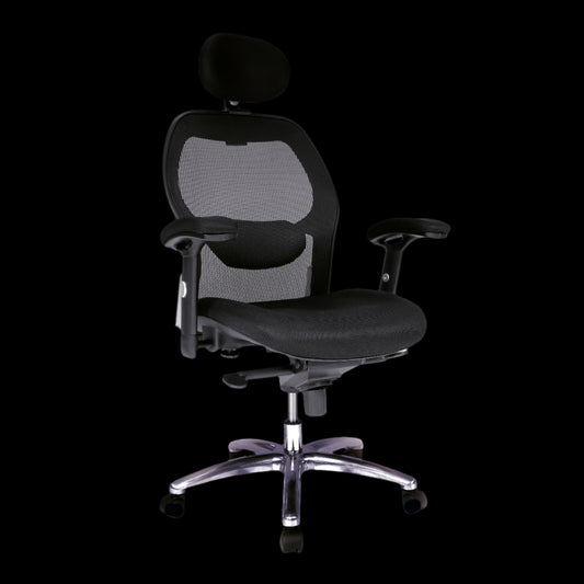 Black office chair with mesh backrest on a black background