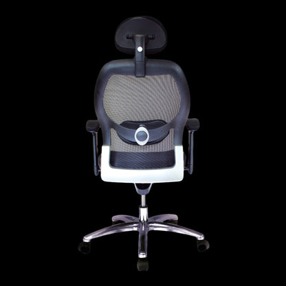 Black office chair with mesh backrest on a black background