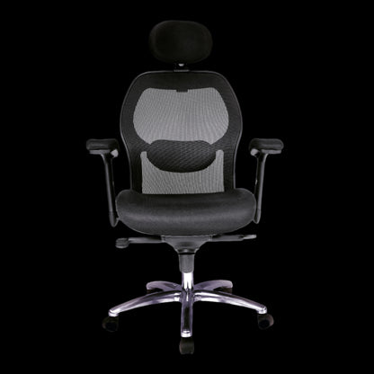 Black office chair with headrest on a black background