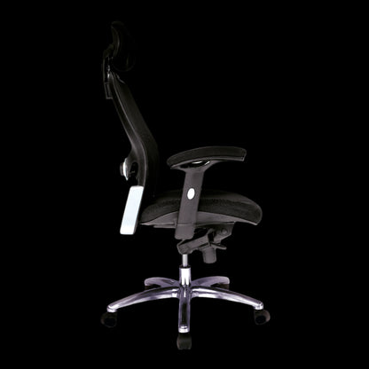 Black office chair with adjustable features on a black background