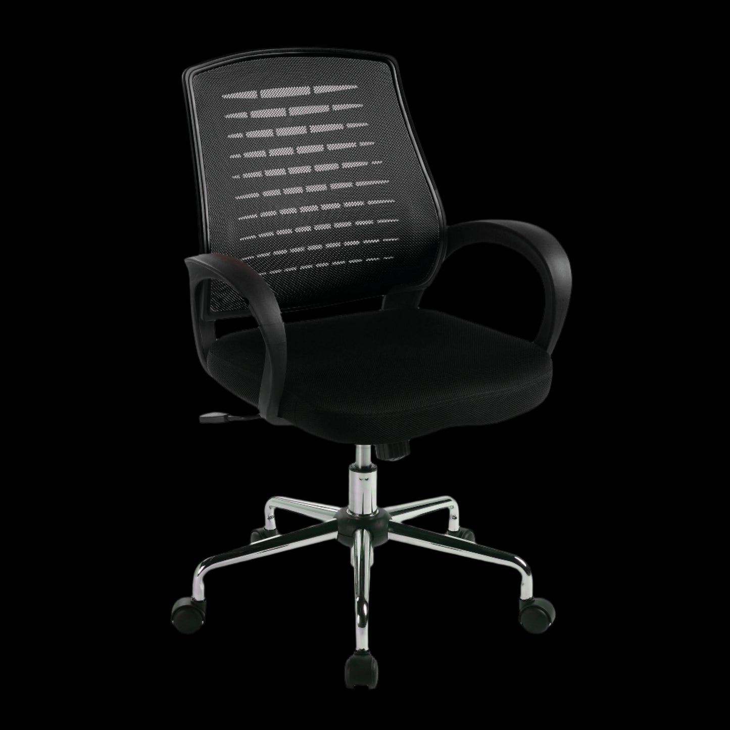 Black office chair with mesh backrest on a black background