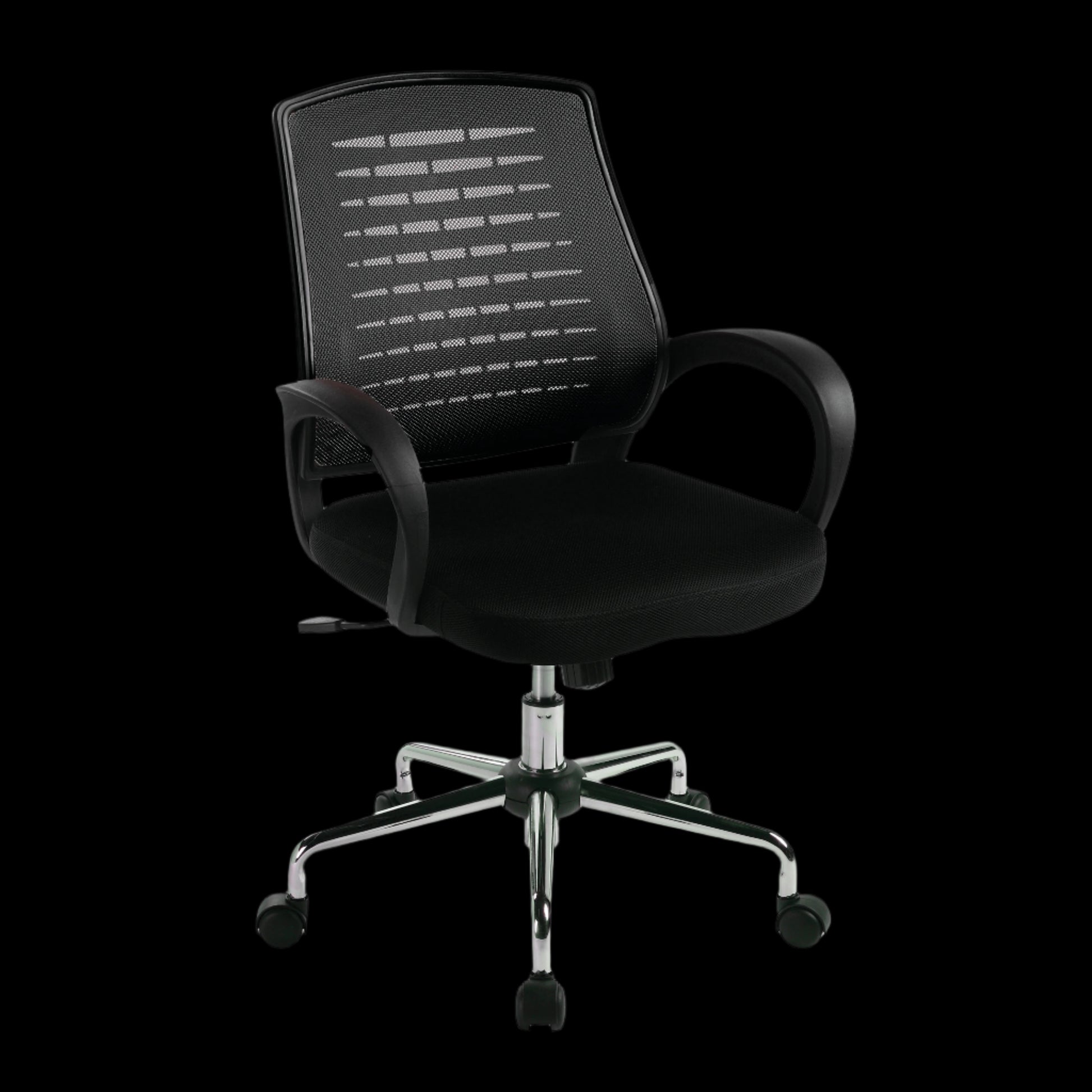 Black office chair with mesh backrest on a black background