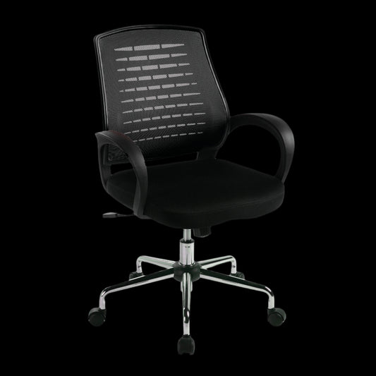 Black office chair with mesh backrest on a black background