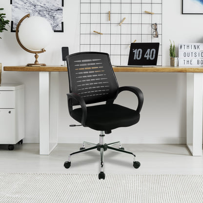 Black office chair in a modern office setting with a desk and decor.