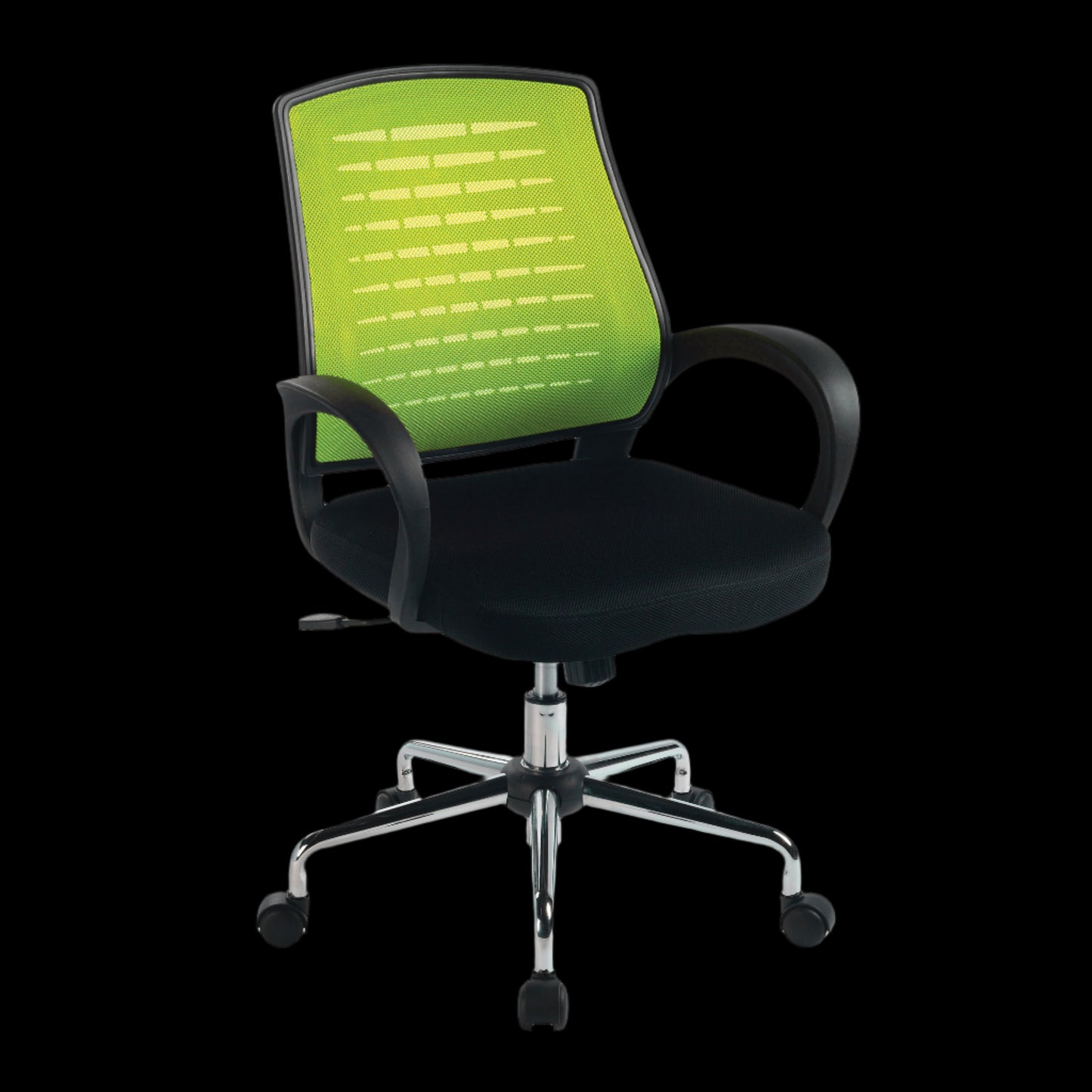 Black office chair with green mesh backrest on a black background