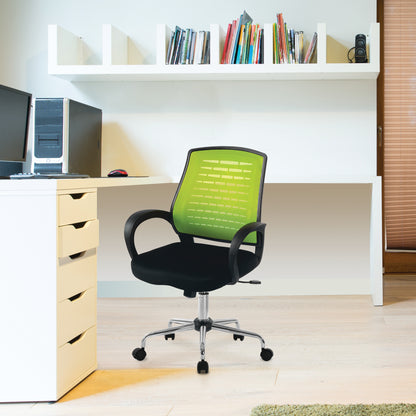 Green office chair in front of a desk with books on a shelf.