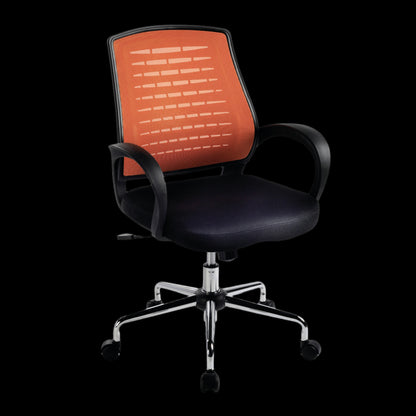 Black office chair with orange mesh backrest on a black background