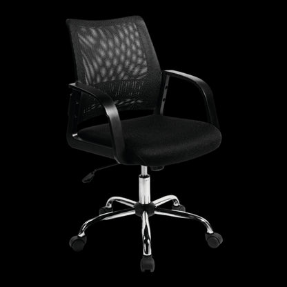 Black office chair with mesh backrest on a black background