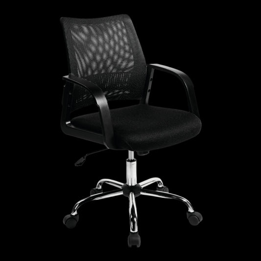 Black office chair with mesh backrest on a black background