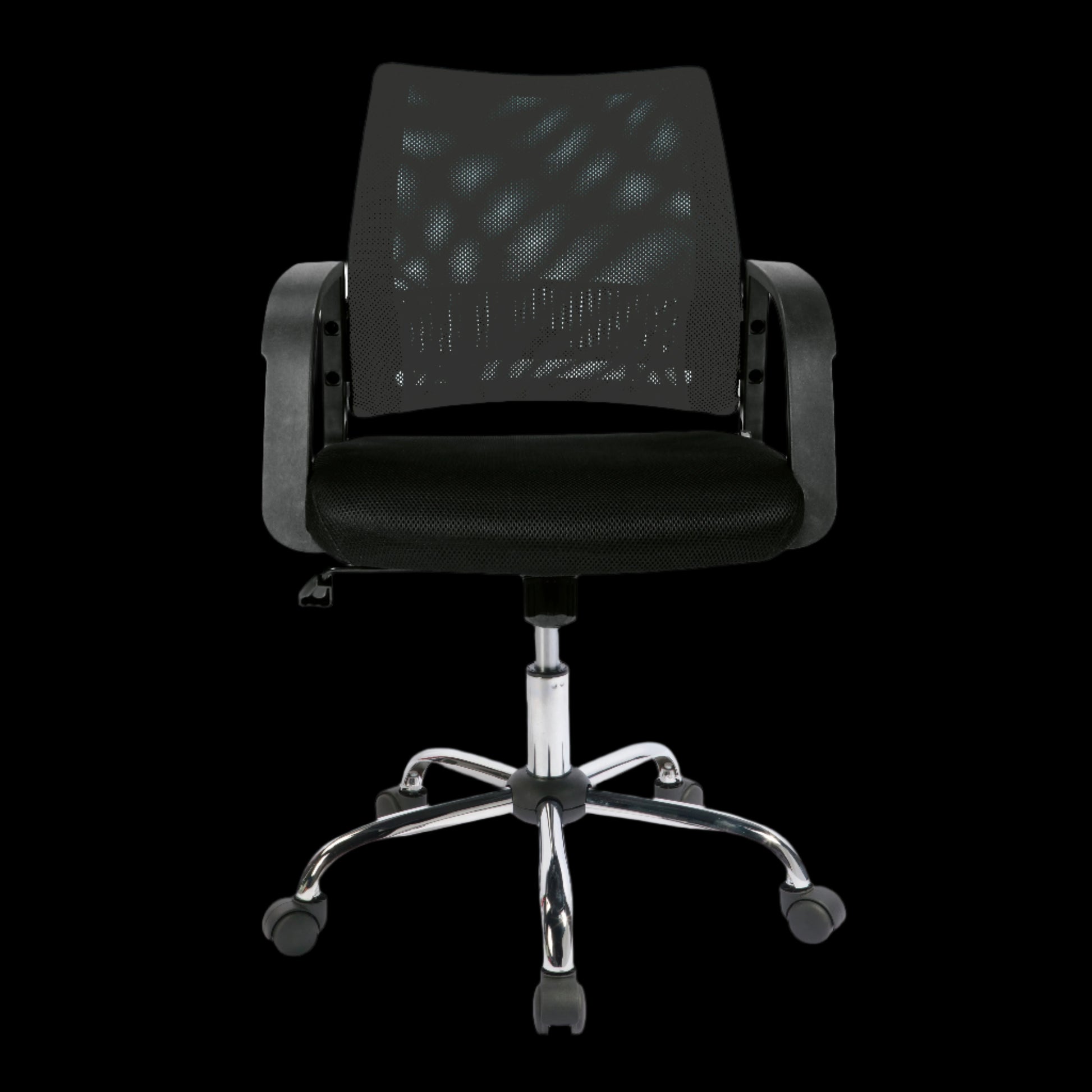Black office chair with mesh backrest on a black background