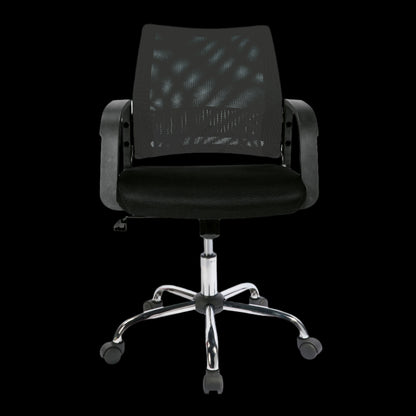 Black office chair with mesh backrest on a black background
