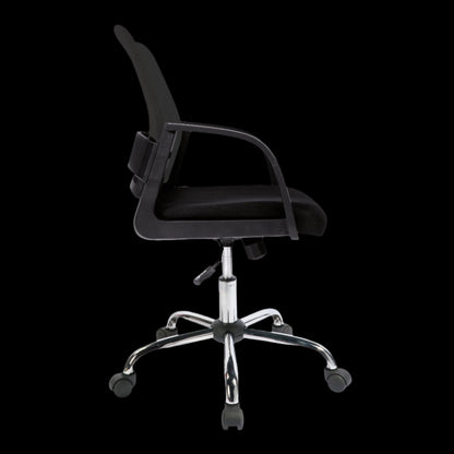Black office chair with chrome base on a black background