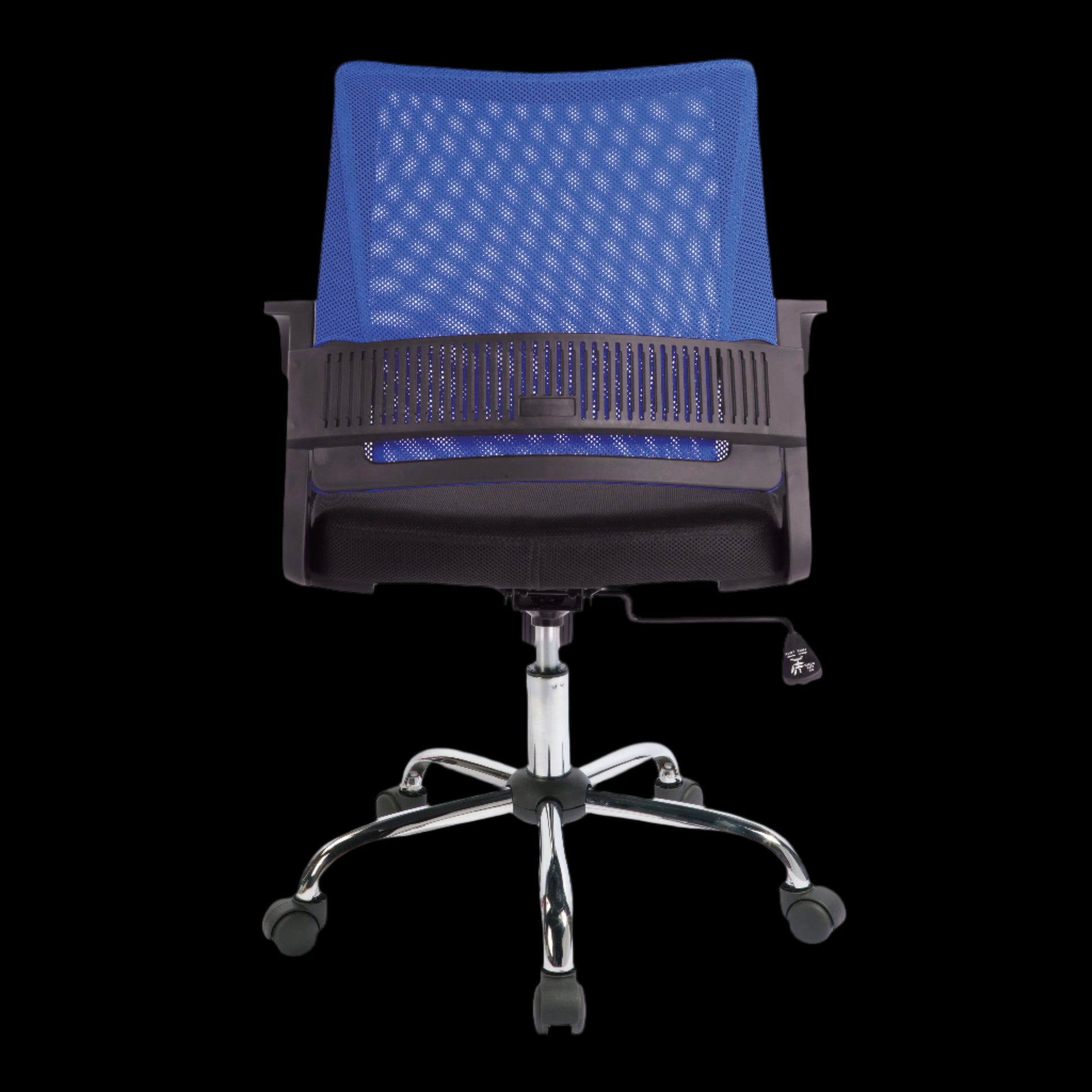 Blue office chair with black mesh backrest on a black background