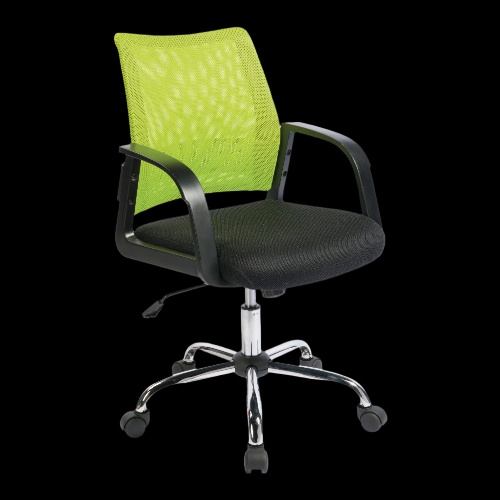 Black office chair with a bright green mesh back on a black background