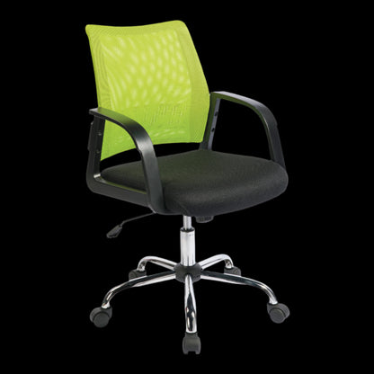 Black office chair with a bright green mesh back on a black background