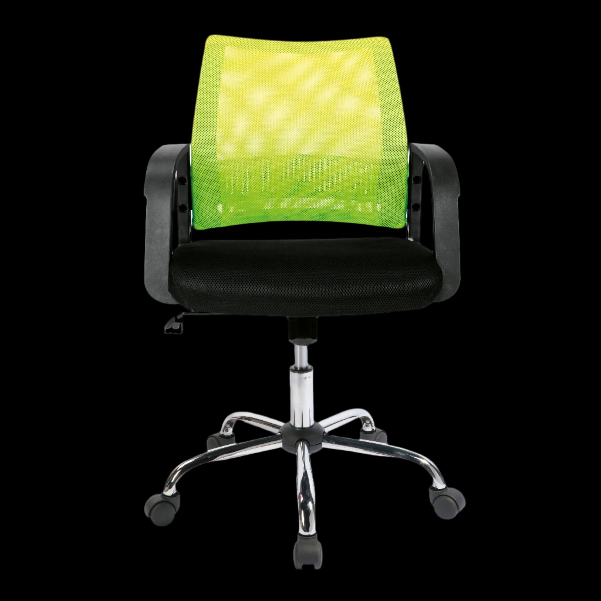 Office chair with a bright green mesh backrest on a black background
