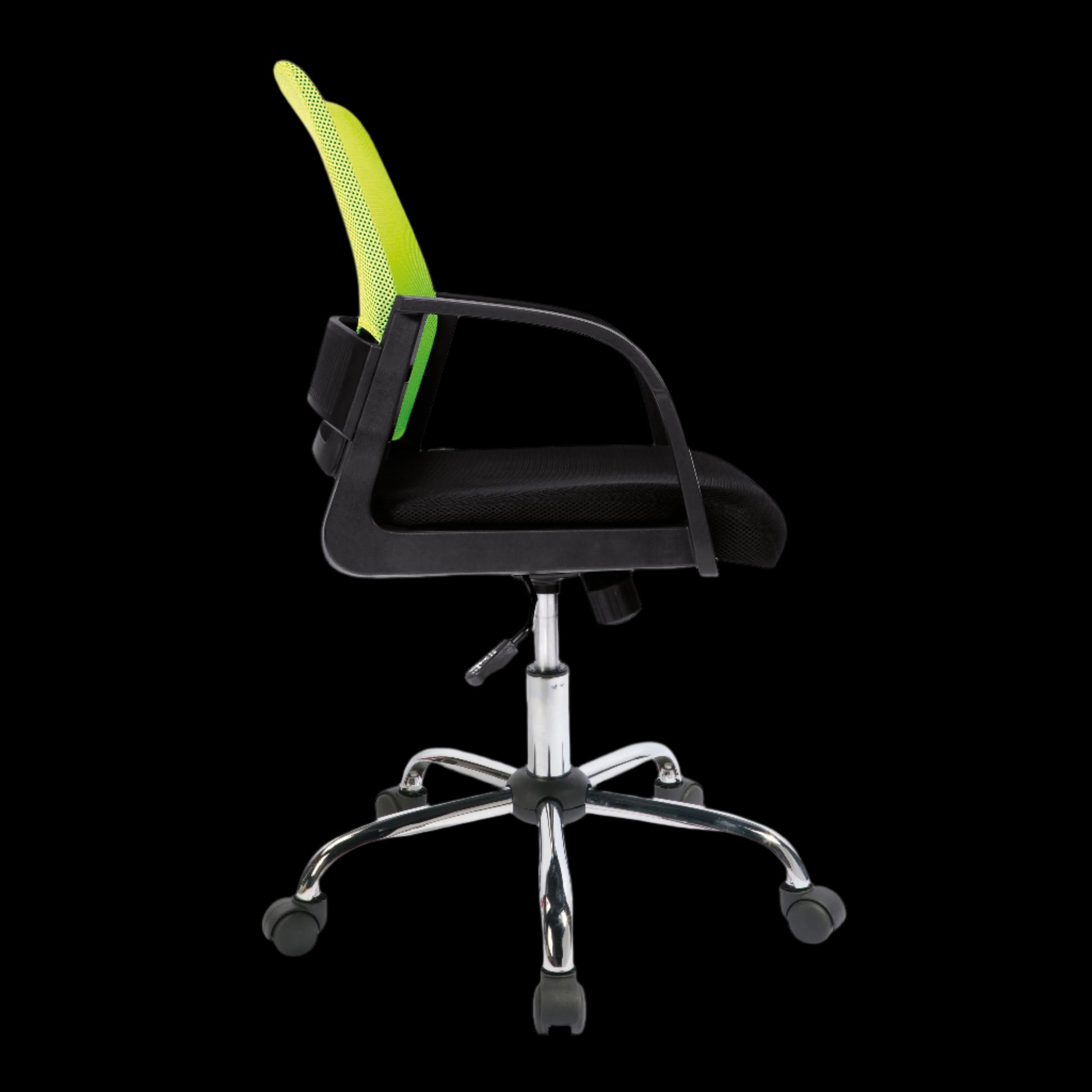 Black office chair with a green mesh backrest on a black background