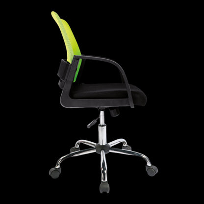 Black office chair with a green mesh backrest on a black background