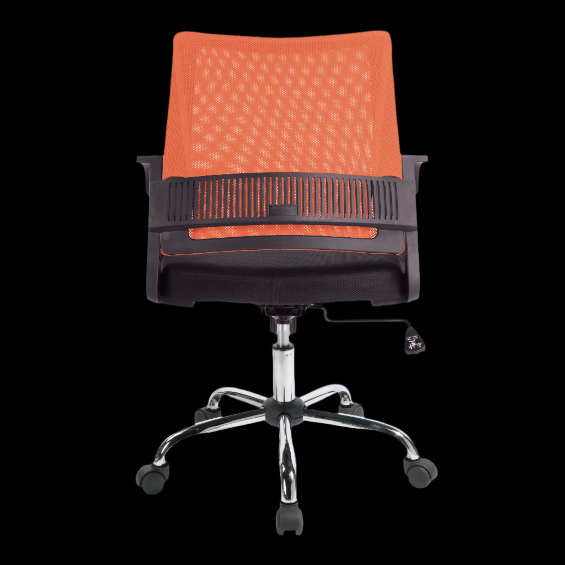 Office chair with red mesh backrest and black frame on a black background