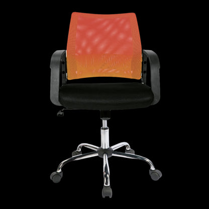Office chair with red mesh backrest and black seat on a black background