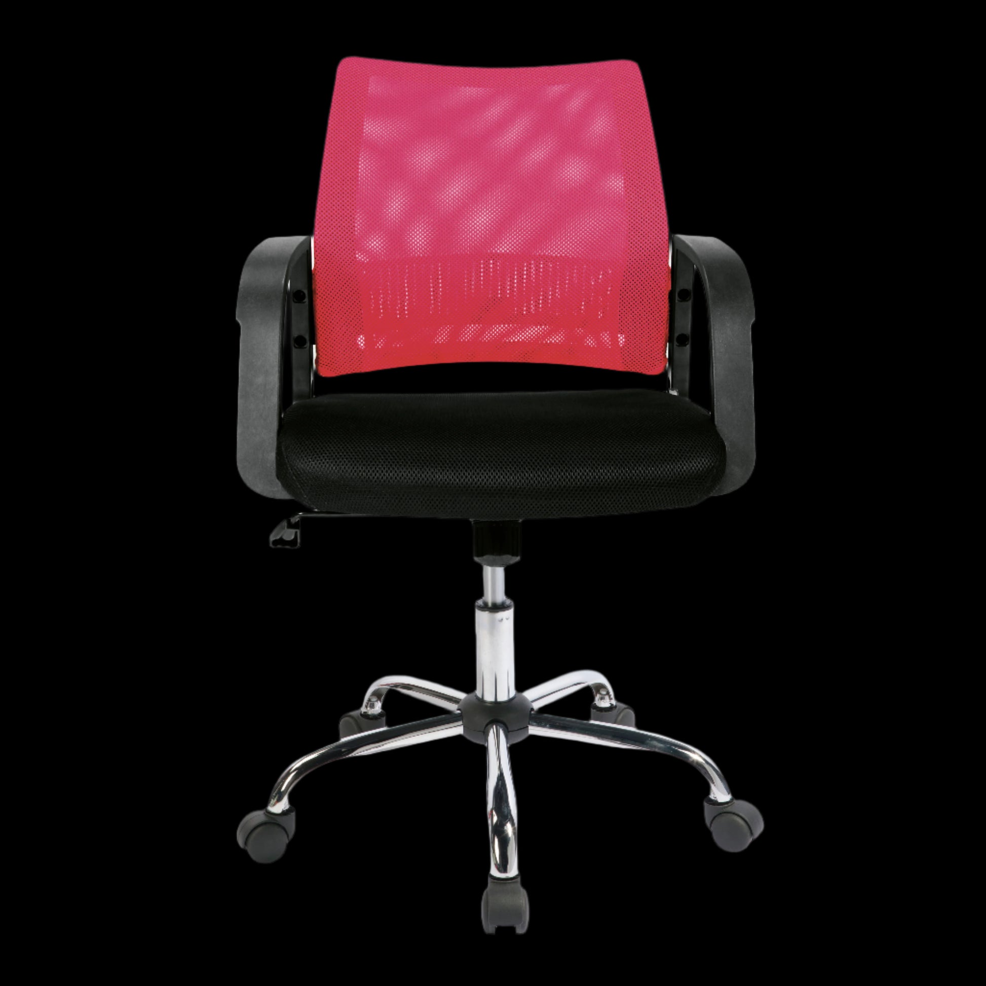 Black office chair with red mesh backrest on a black background